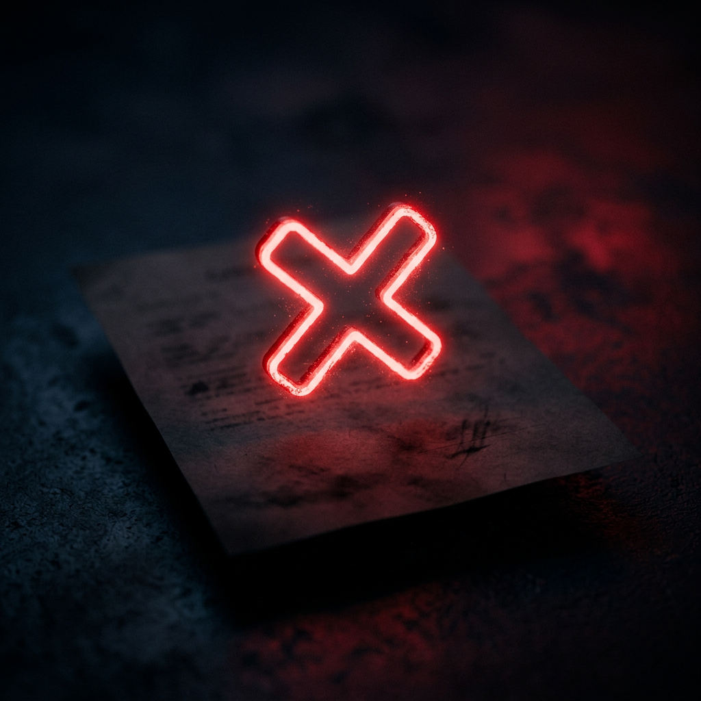 Abstract glowing red cross X stamp over a document representing MOT failure checks