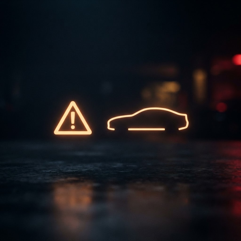 Abstract glowing amber warning triangle beside a premium car silhouette representing expensive maintenance