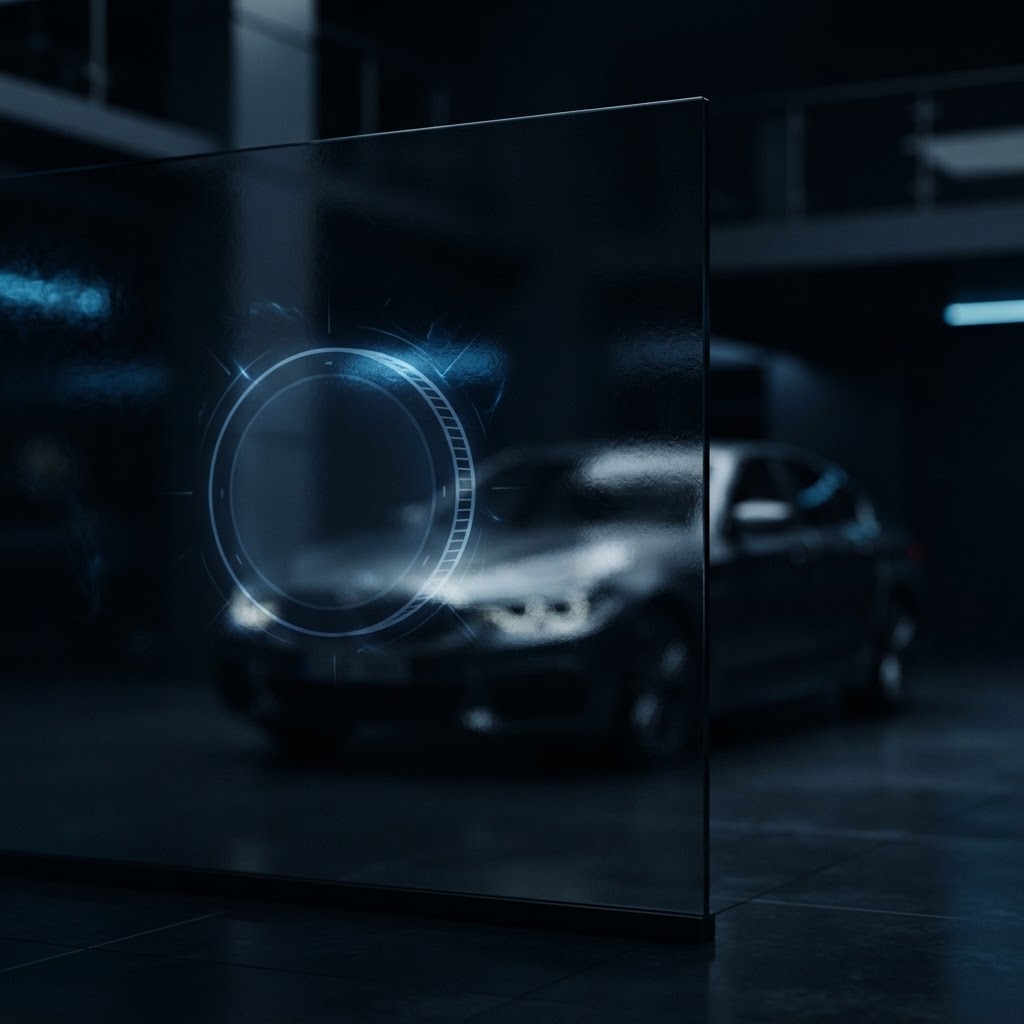 A UK car softly blurred behind a translucent dark panel with a faint glowing coin silhouette under electric-blue light