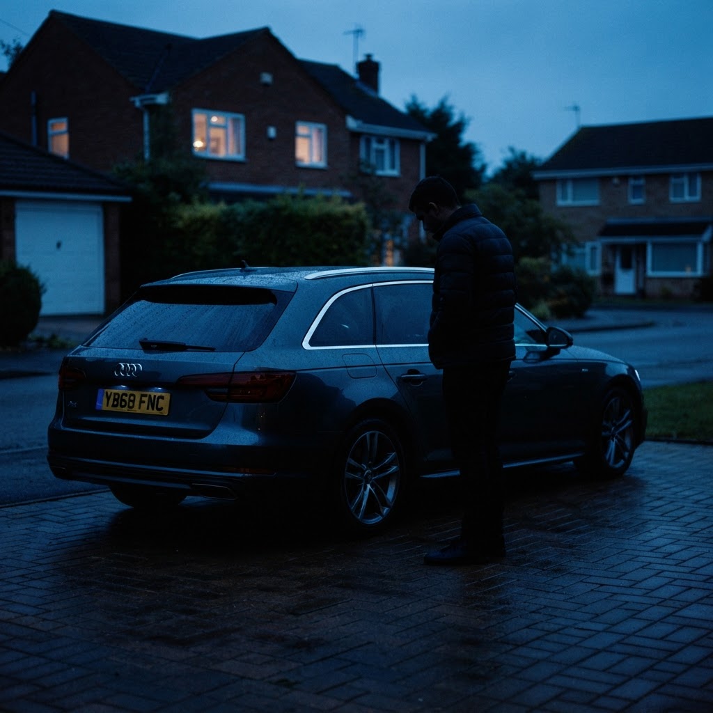 A buyer silhouette inspecting a UK car in a residential driveway at dusk under electric-blue light
