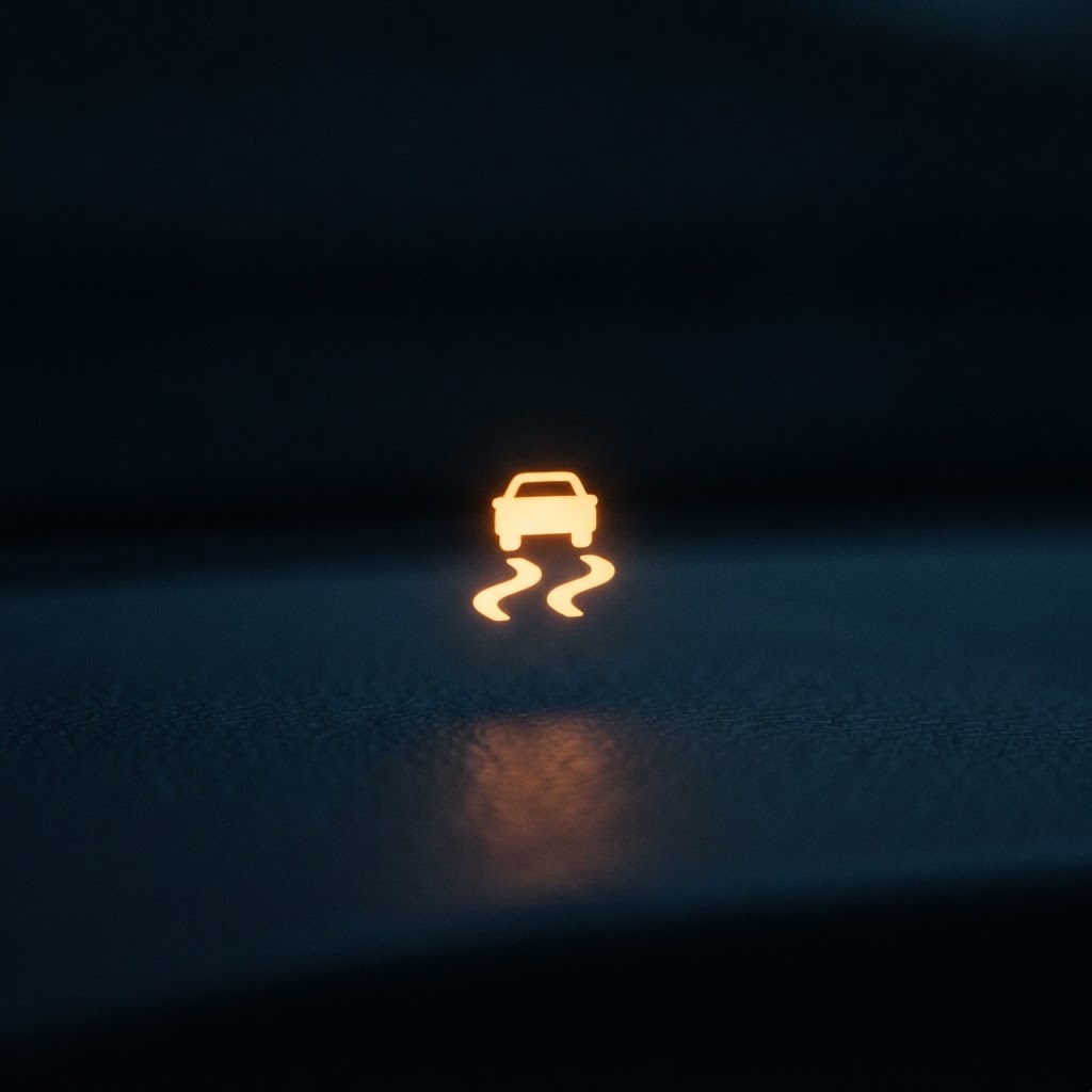 UK car dashboard with traction control ESP warning illuminated, wet road visible through windscreen