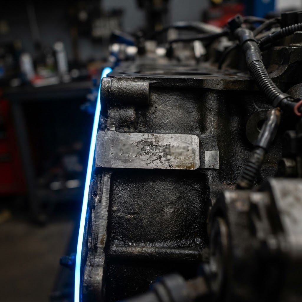Abstract macro close-up of a machined flat surface on a dark metal engine block with deliberately blurred unreadable stamped serial number