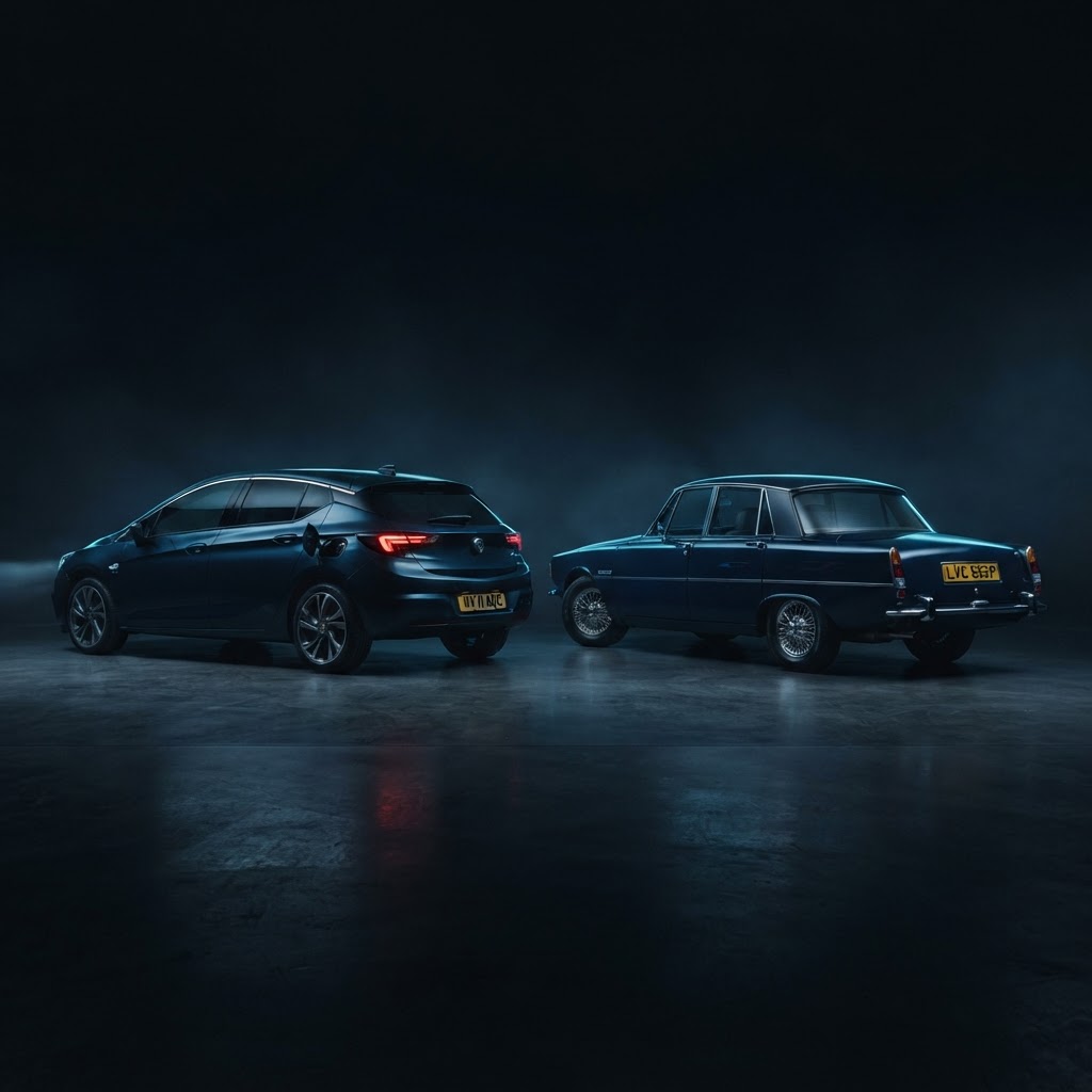 A modern British hatchback and a classic 1970s British saloon side by side in a dark studio under electric-blue light