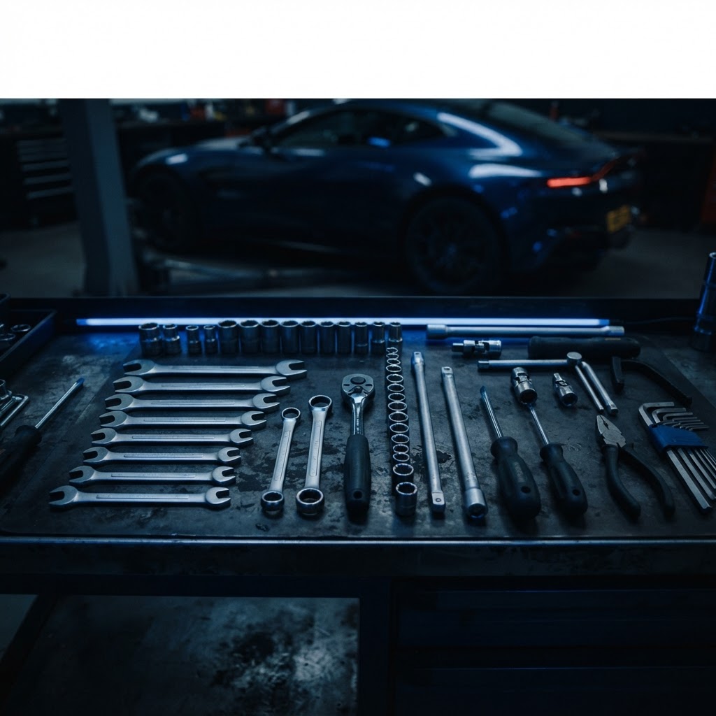 An organised set of car hand tools laid out on a dark workshop bench, a car softly blurred behind