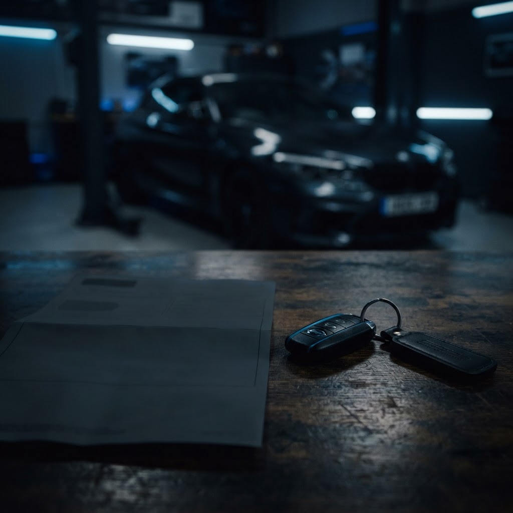 A car document silhouette on a dark desk beside car keys with a UK car softly blurred in the background under electric-blue light