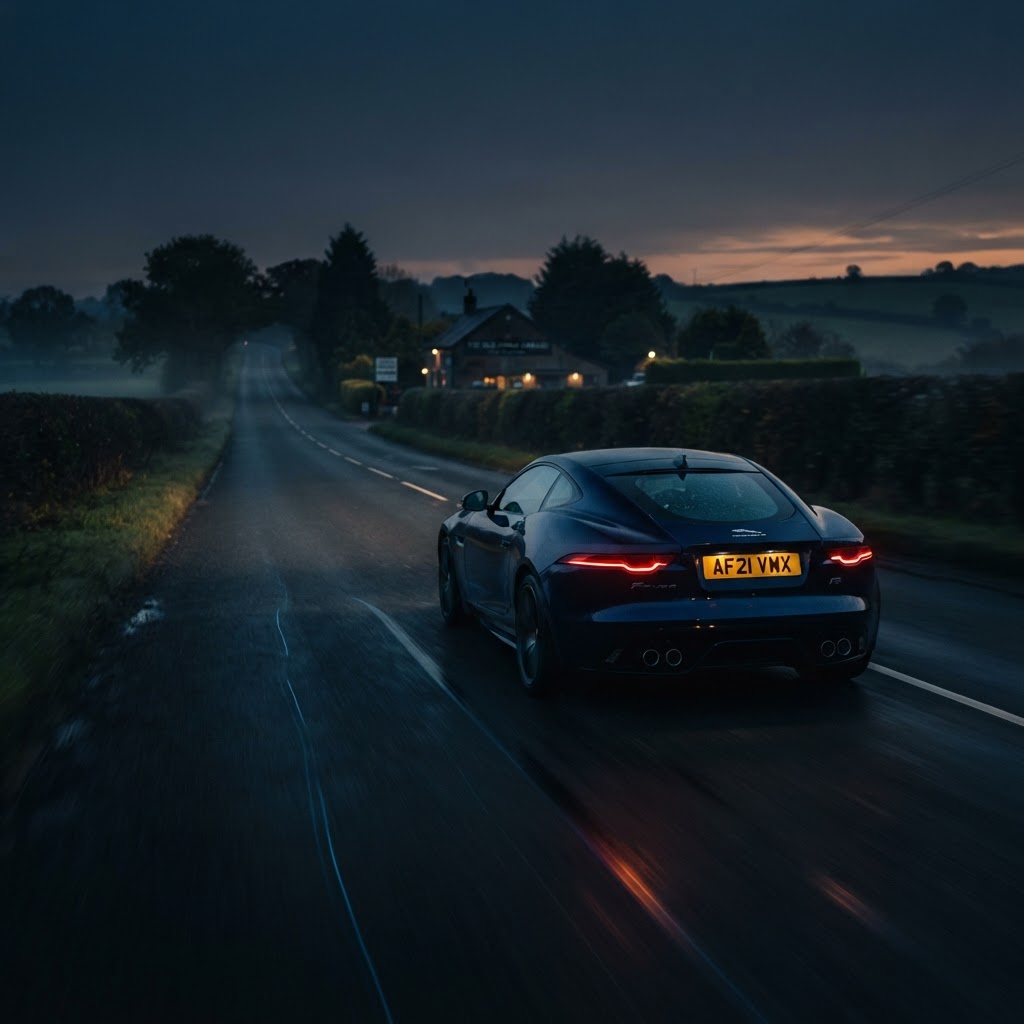 A UK car travelling along an empty straight road at dusk toward a distant garage