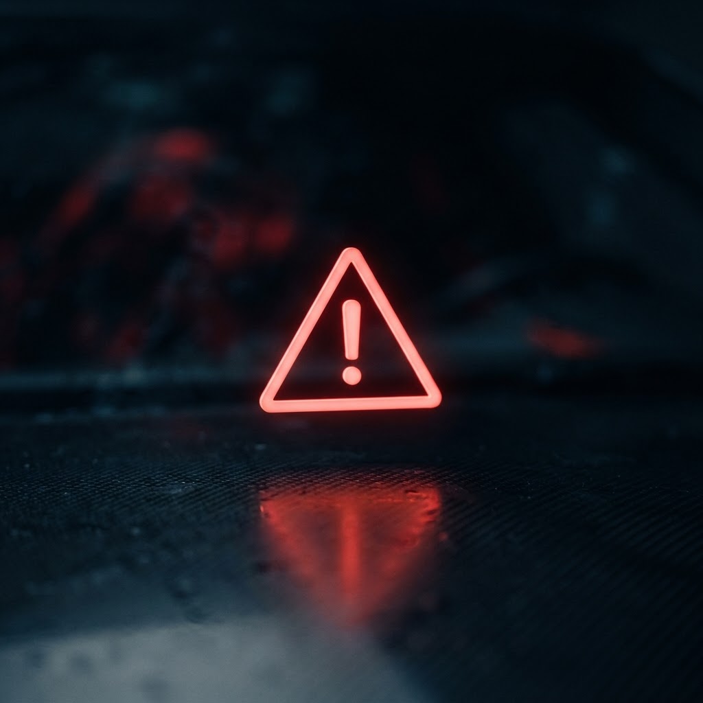 Abstract glowing warning triangle with exclamation mark representing used car red flags