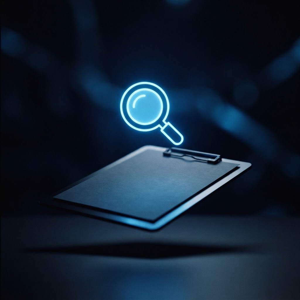 Abstract glowing magnifying glass over a clipboard representing UK used car checks