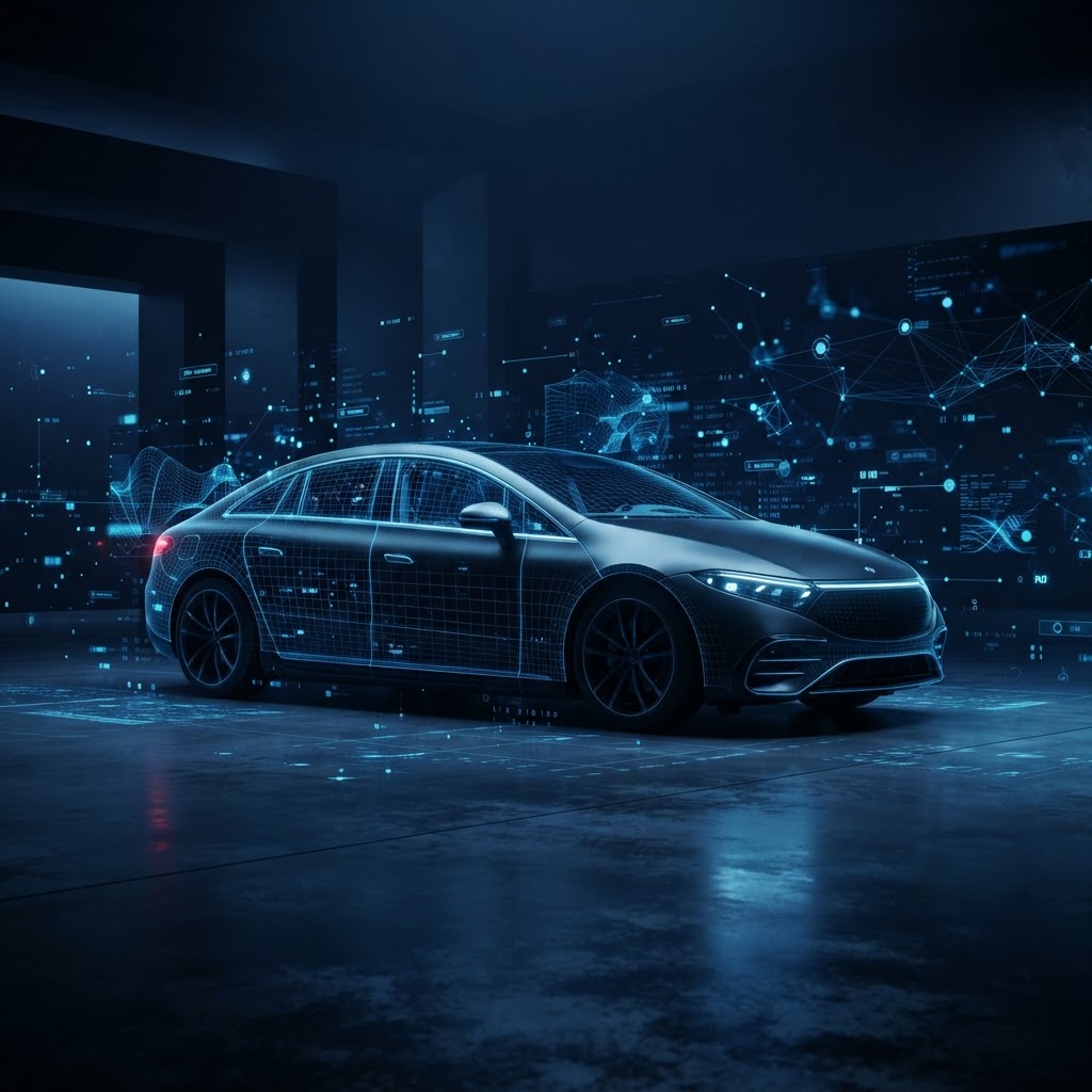 Abstract glowing vehicle silhouette surrounded by digital data record nodes representing DVLA vehicle data