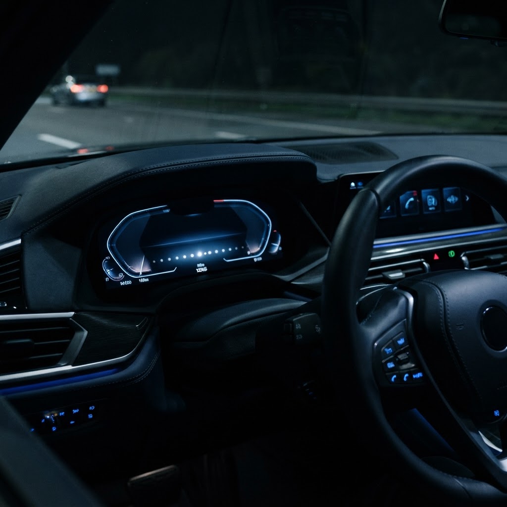A modern car dashboard at night with an illuminated odometer area and a soft glowing timeline of dots