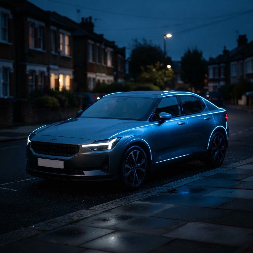 A modern UK car parked on a quiet residential street at dusk under electric-blue rim light