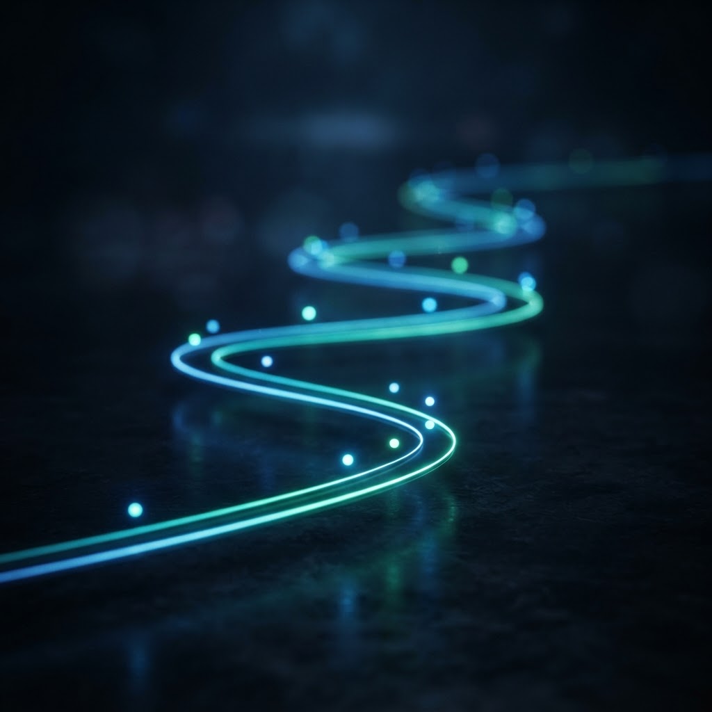 Abstract glowing winding road route with mile-marker dots representing cost per mile