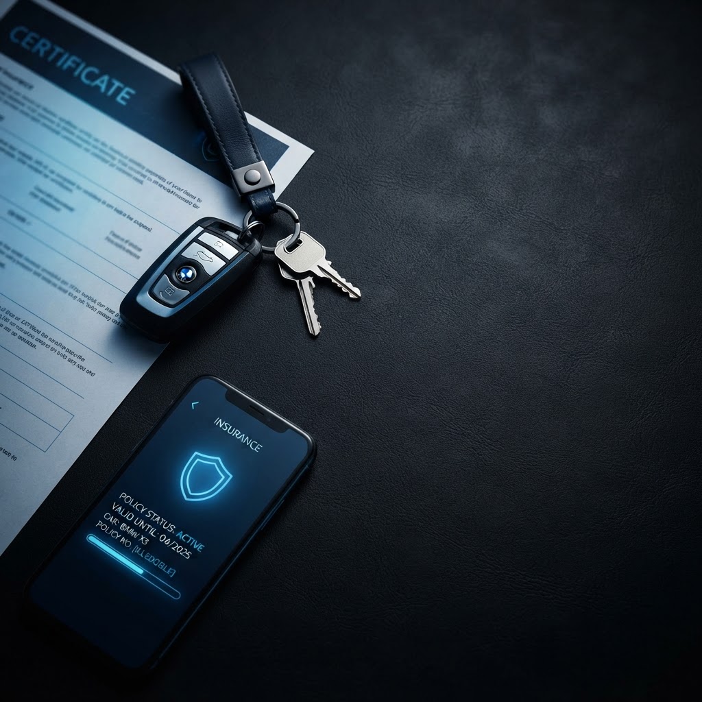 UK car insurance check — certificate, keys and app on a dark surface