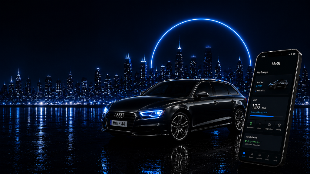 Premium UK car on a dark road — MotR car insurance