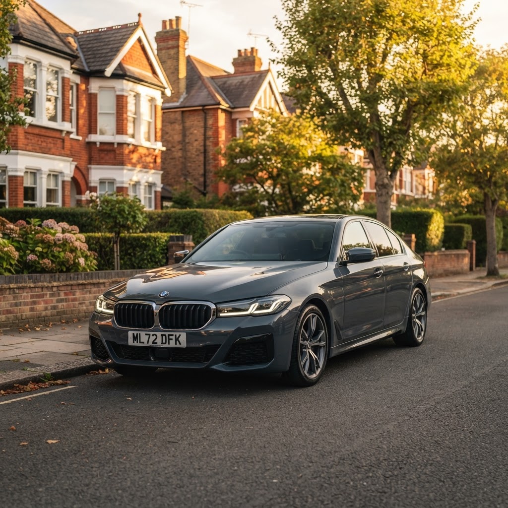 A dark grey modern UK saloon parked on a quiet residential street at golden hour with a white front registration plate