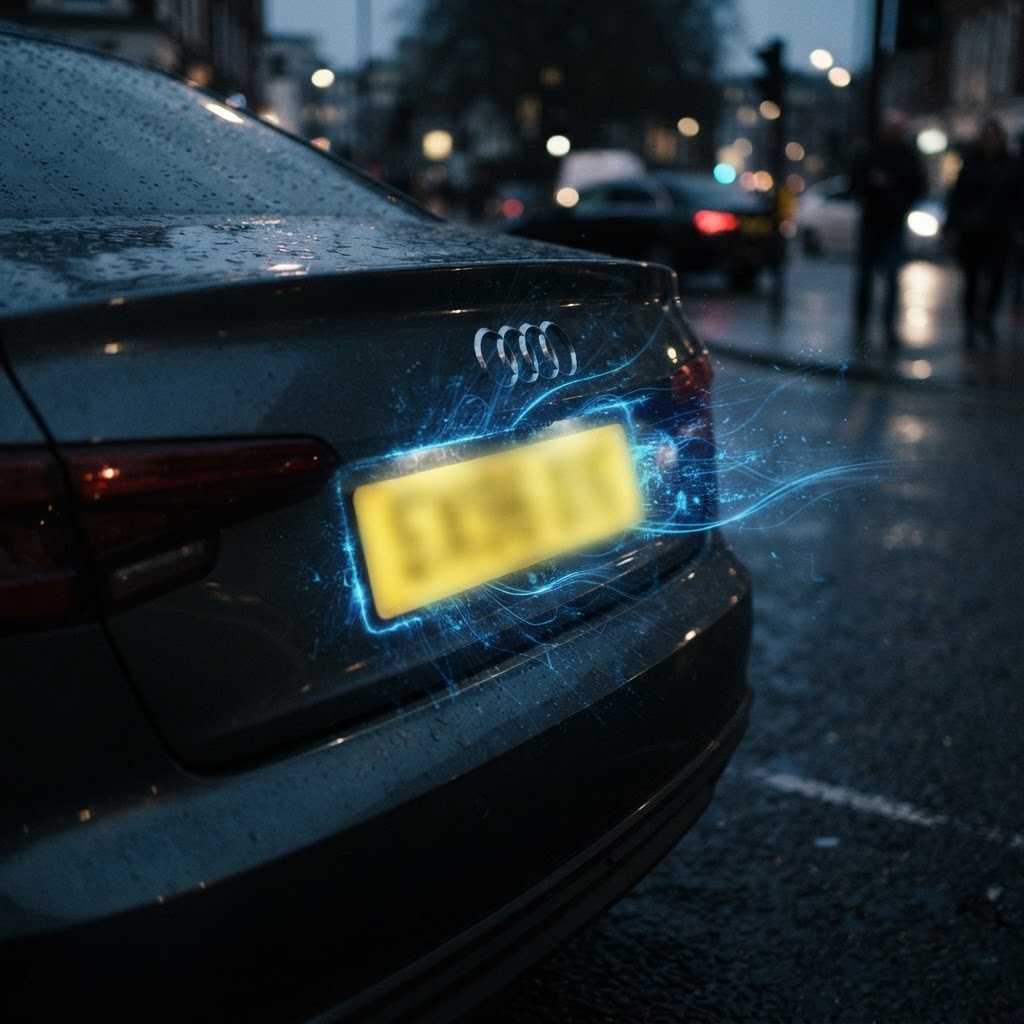 Abstract glowing UK number plate with blurred unreadable registration surrounded by data nodes representing public vehicle data