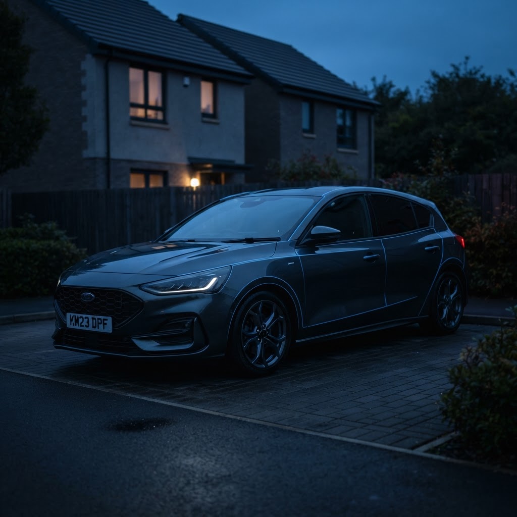 A modern UK car parked stationary on a residential driveway at dusk under electric-blue light
