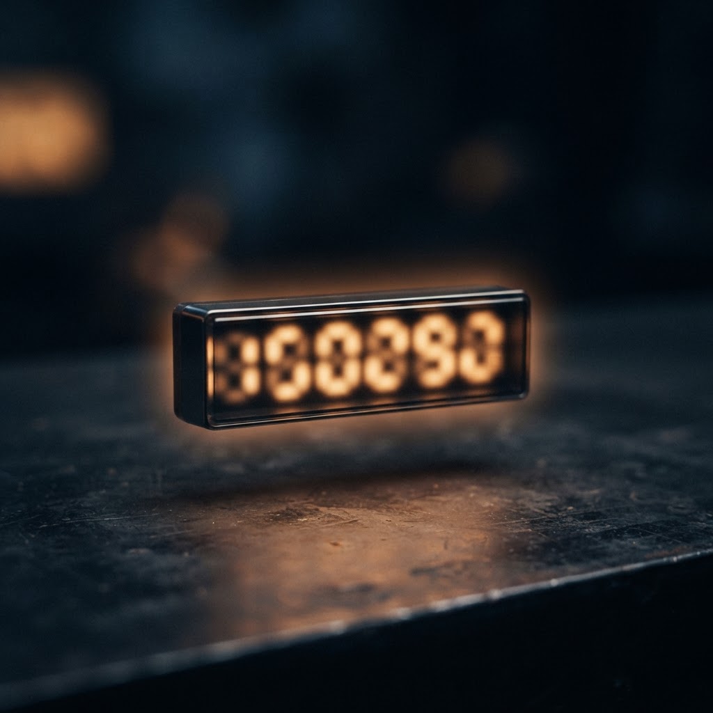 Abstract glowing digital odometer with blurred unreadable digits representing clocked mileage detection