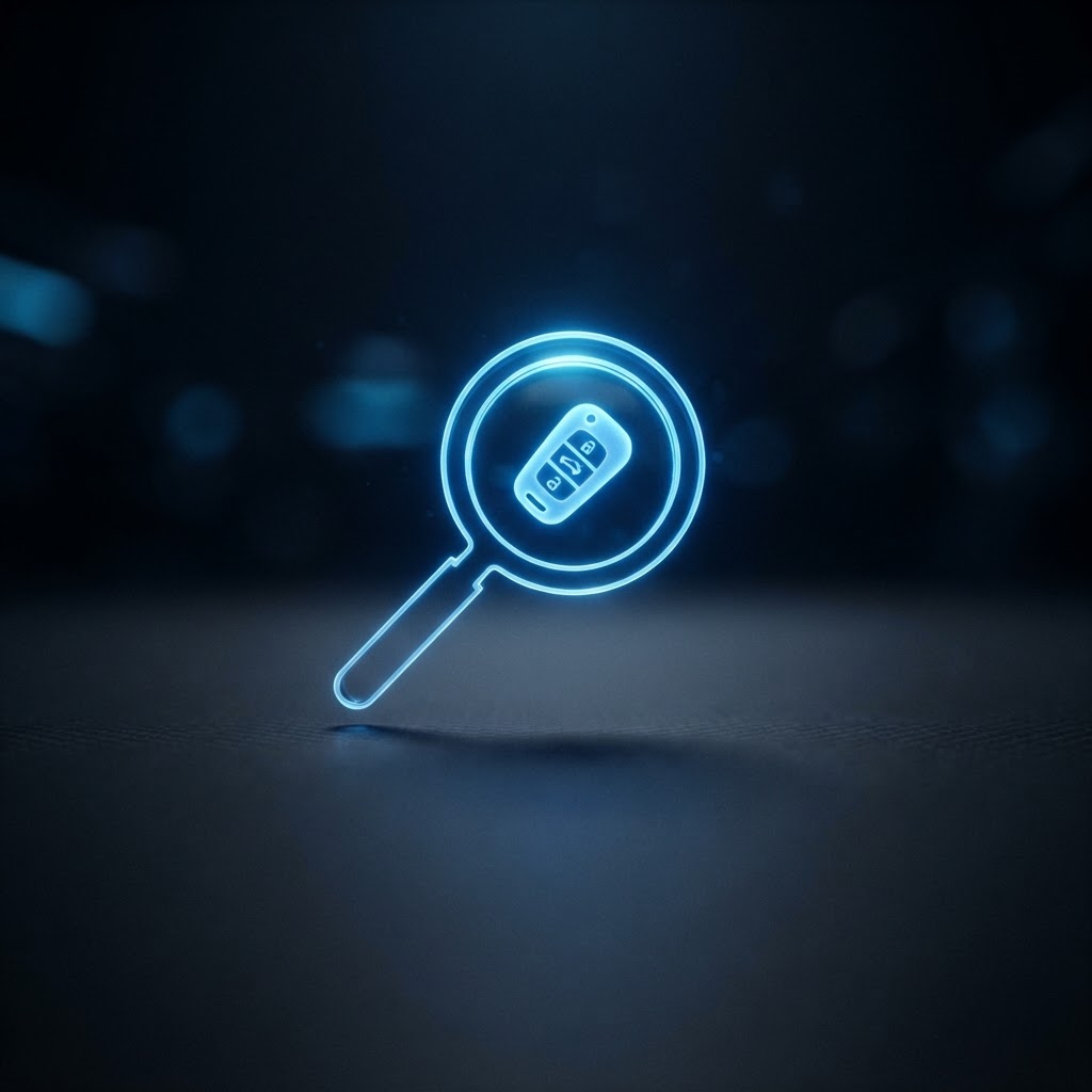 Abstract glowing magnifying glass over a car key representing checking a car before buying