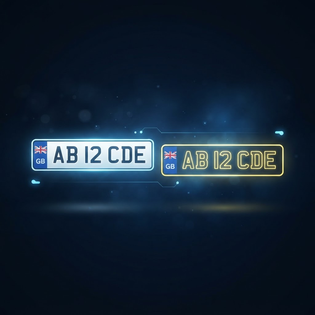 Abstract stylised UK number plate format diagram showing white front and yellow rear plates as glowing outlines with no readable registration