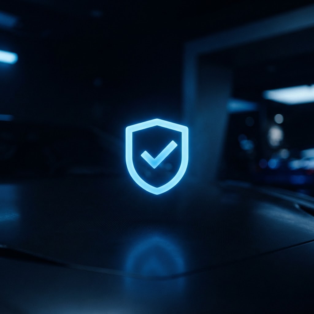Abstract glowing MOT shield-with-tick icon representing UK MOT test costs
