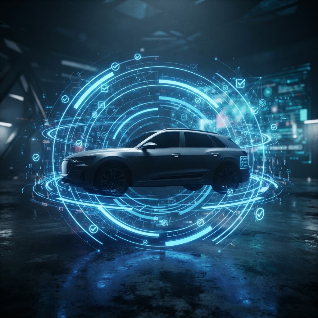 Abstract modern car silhouette surrounded by concentric glowing data-check verification rings and checklist nodes