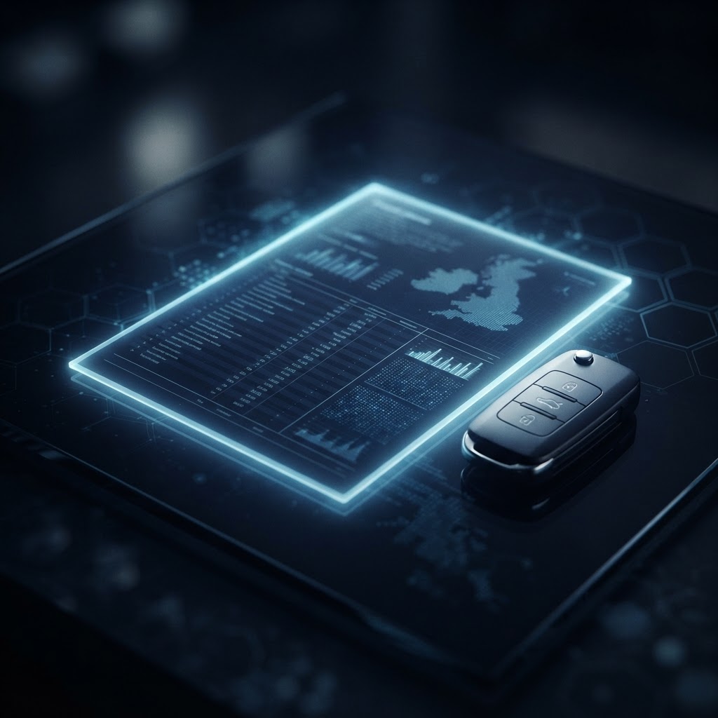 A glowing financial document and a car key on a dark navy surface, representing an outstanding finance vehicle check