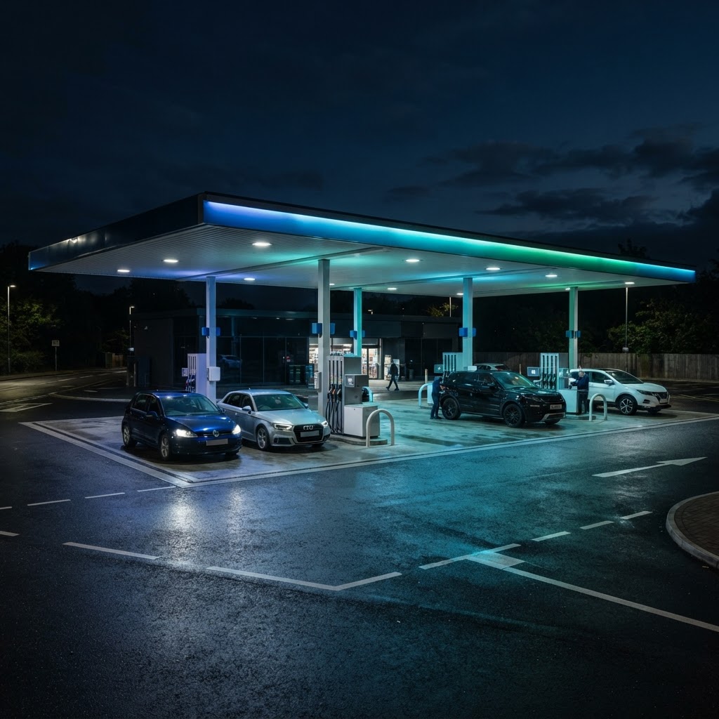 A modern UK petrol station forecourt at night with blue ambient lighting