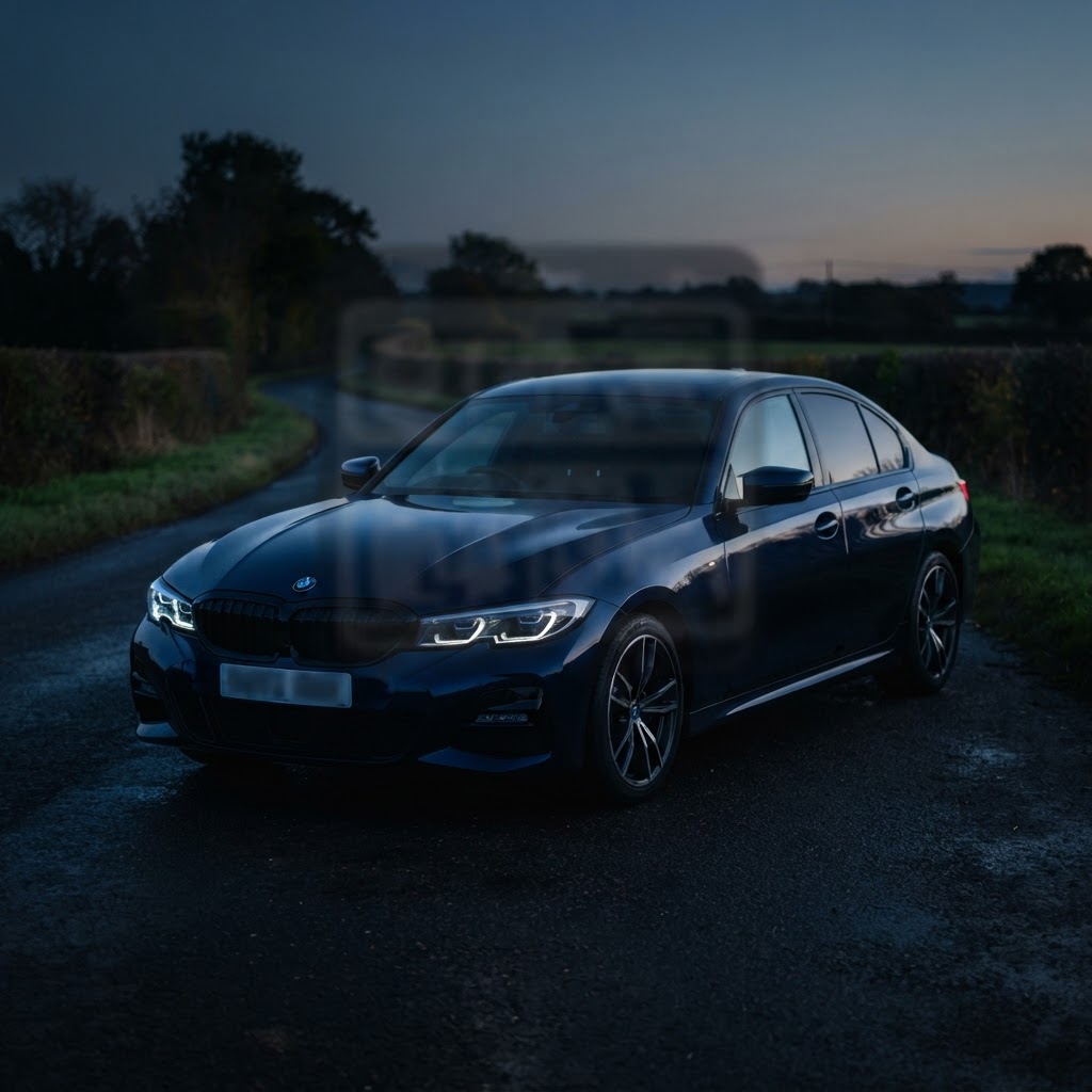 A modern UK car at a quiet roadside at dusk under electric-blue light with a faint tax-status panel overlay