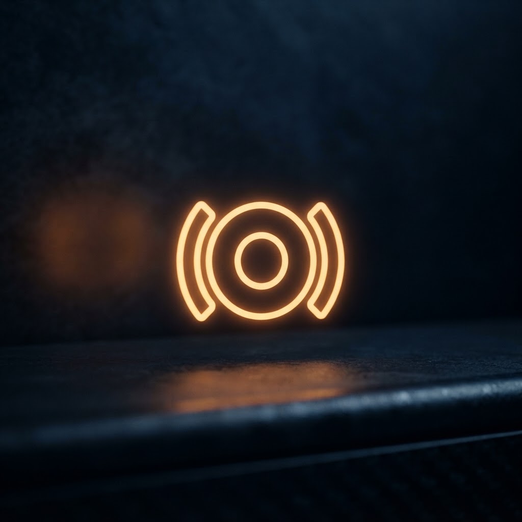 UK car brake disc and worn pad visible through alloy wheel spokes — brake pad warning light guide