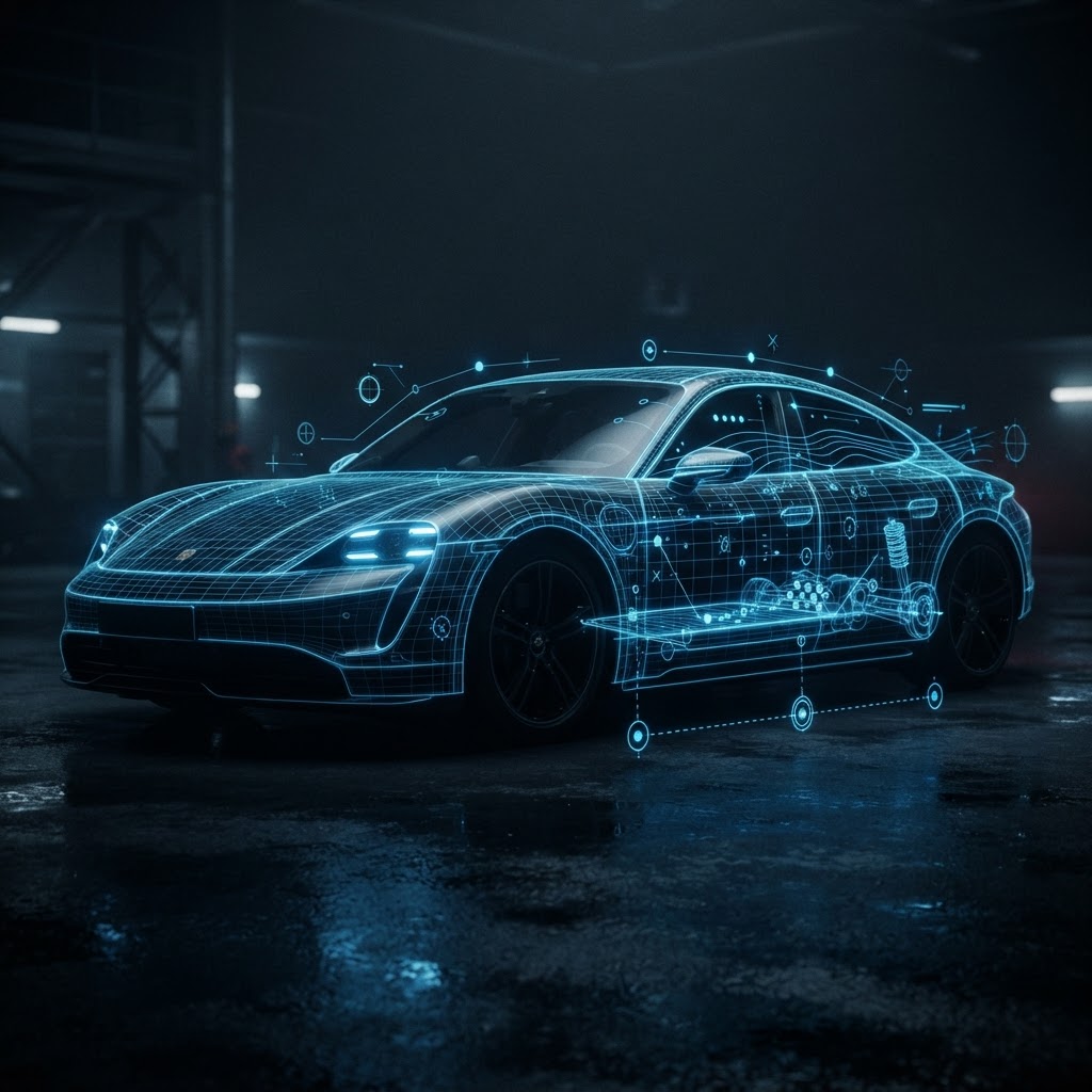 Abstract modern car silhouette overlaid with a glowing blue technical specification grid and measurement nodes