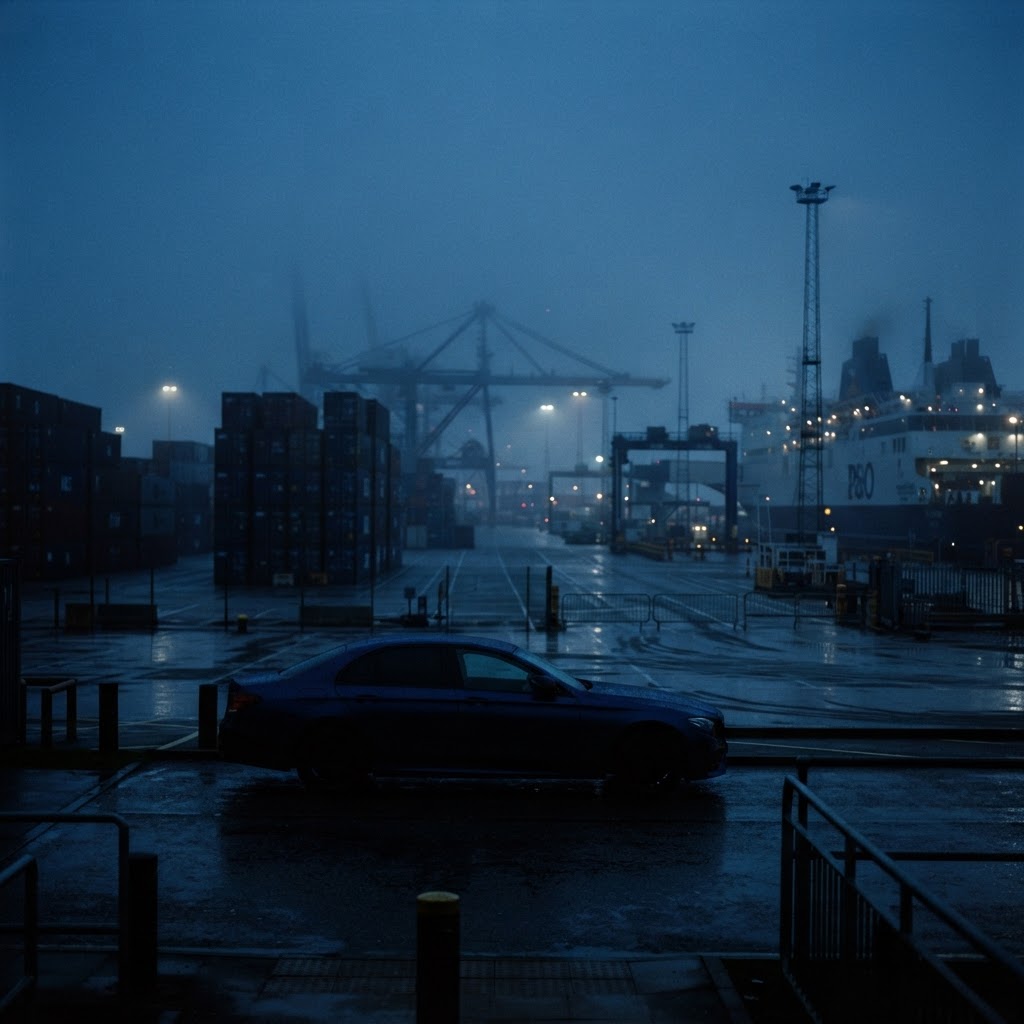 Abstract car silhouette near a UK port with shipping container outlines and ferry terminal in soft fog representing exported vehicles