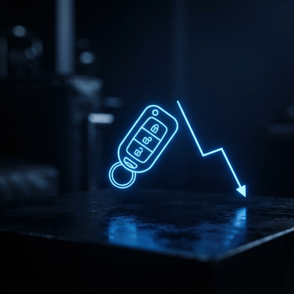 Abstract glowing car key fob beside a descending depreciation curve representing total cost of car ownership