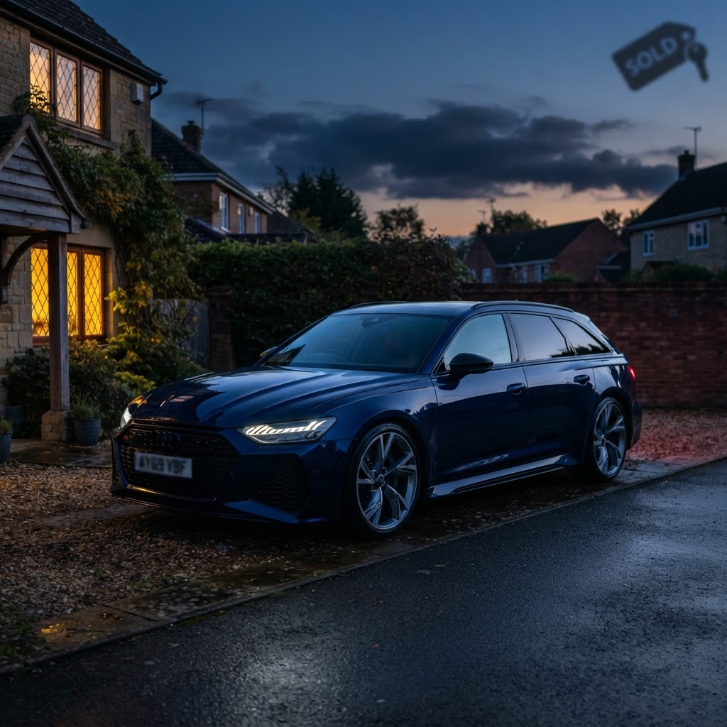 A UK car parked in a residential driveway at dusk with a faint sold-tag silhouette under electric-blue light