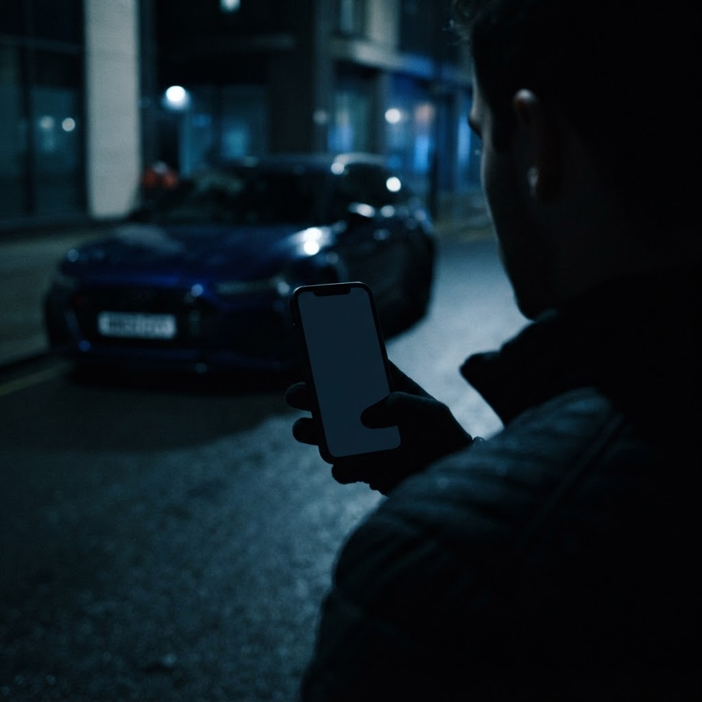 A silhouette holding a smartphone with a blank dark screen, a UK car softly blurred in the background