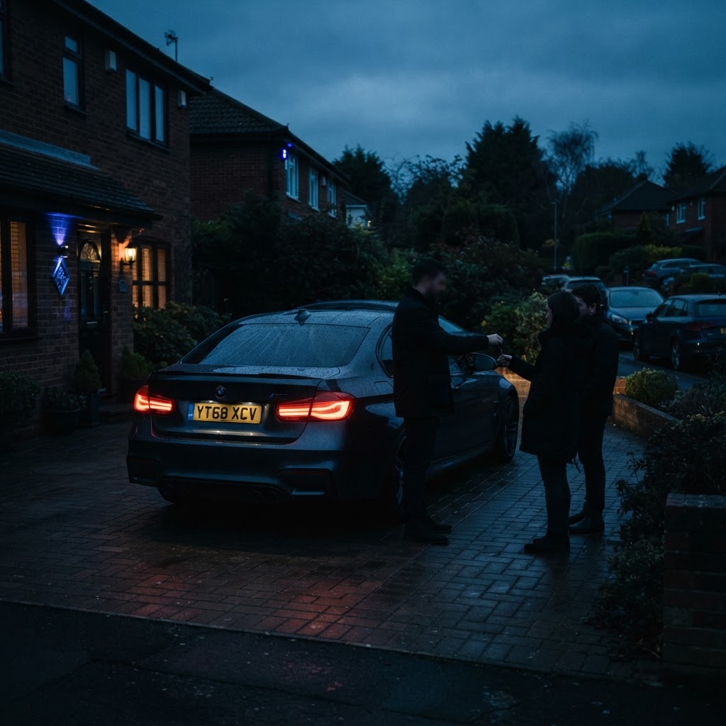 A UK car being handed over at a private sale in a residential driveway at dusk under electric-blue light