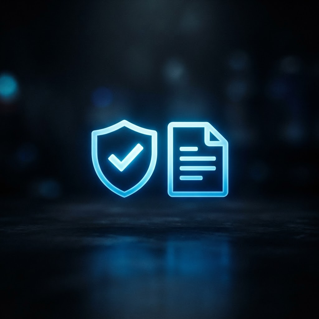 Abstract glowing shield with checkmark and document representing MOT history checks before buying