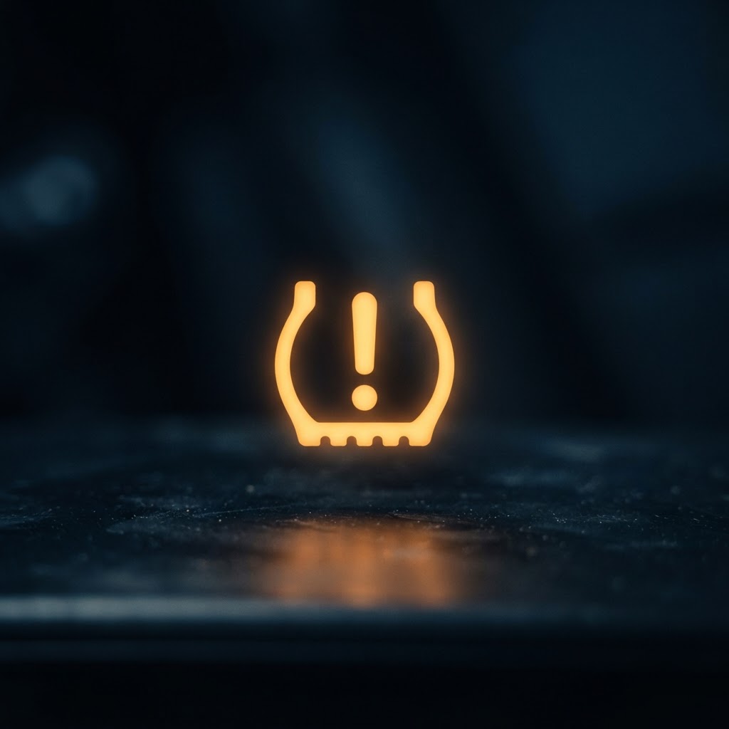 Person checking UK car tyre pressure with gauge on a residential driveway — TPMS warning light guide