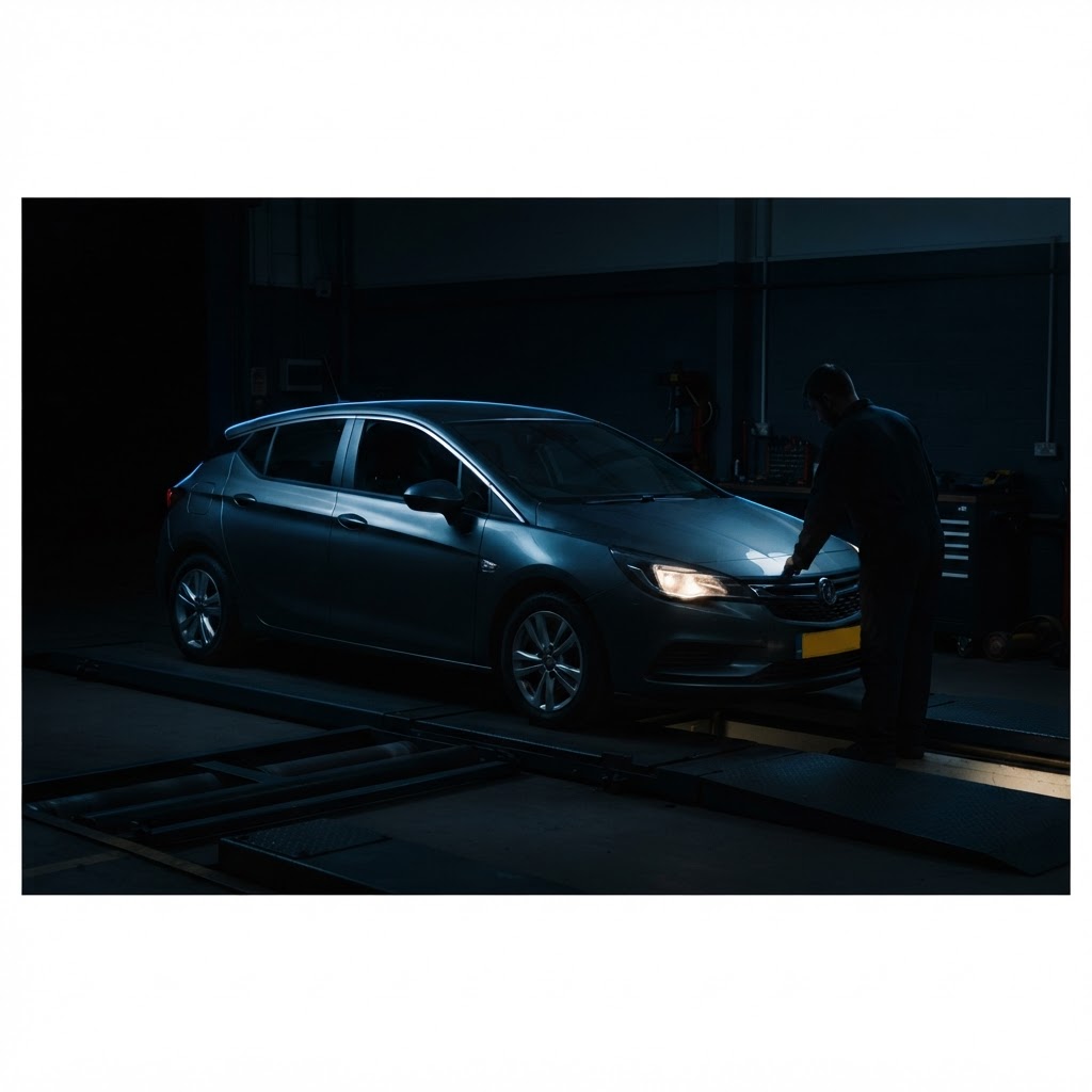 A UK car undergoing an MOT inspection in a darkened test bay under electric-blue light