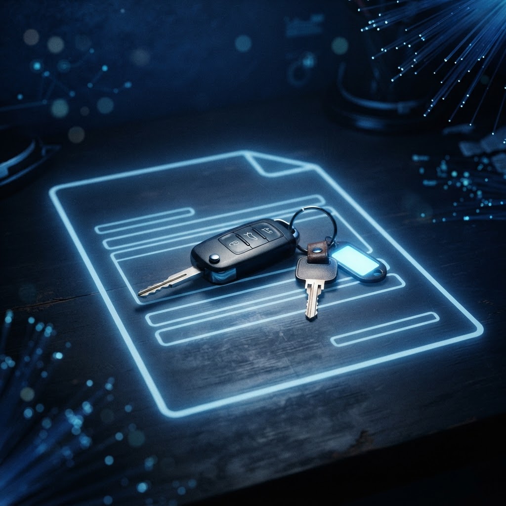 Abstract car keys resting on a glowing blank vehicle document outline representing ownership history