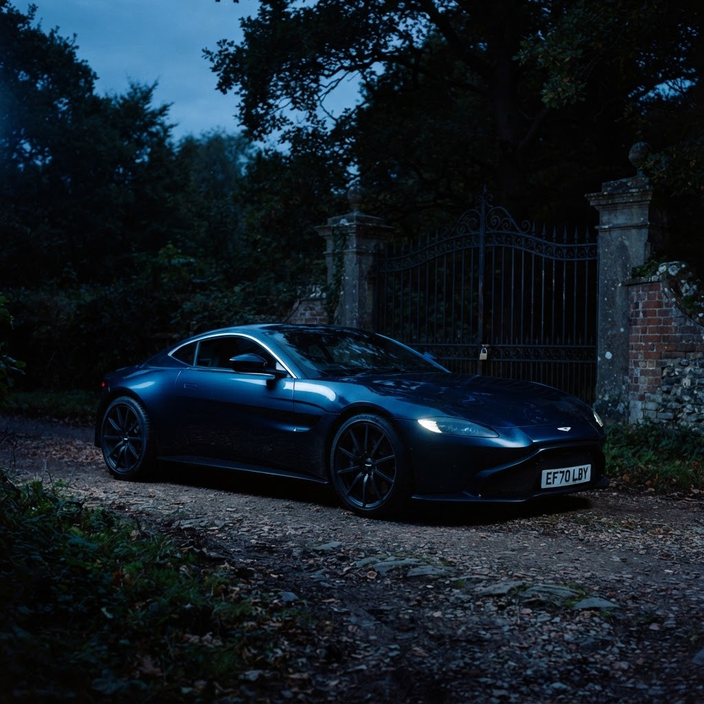 A UK car parked stationary off-road beside a closed private metal gate at dusk under electric-blue light