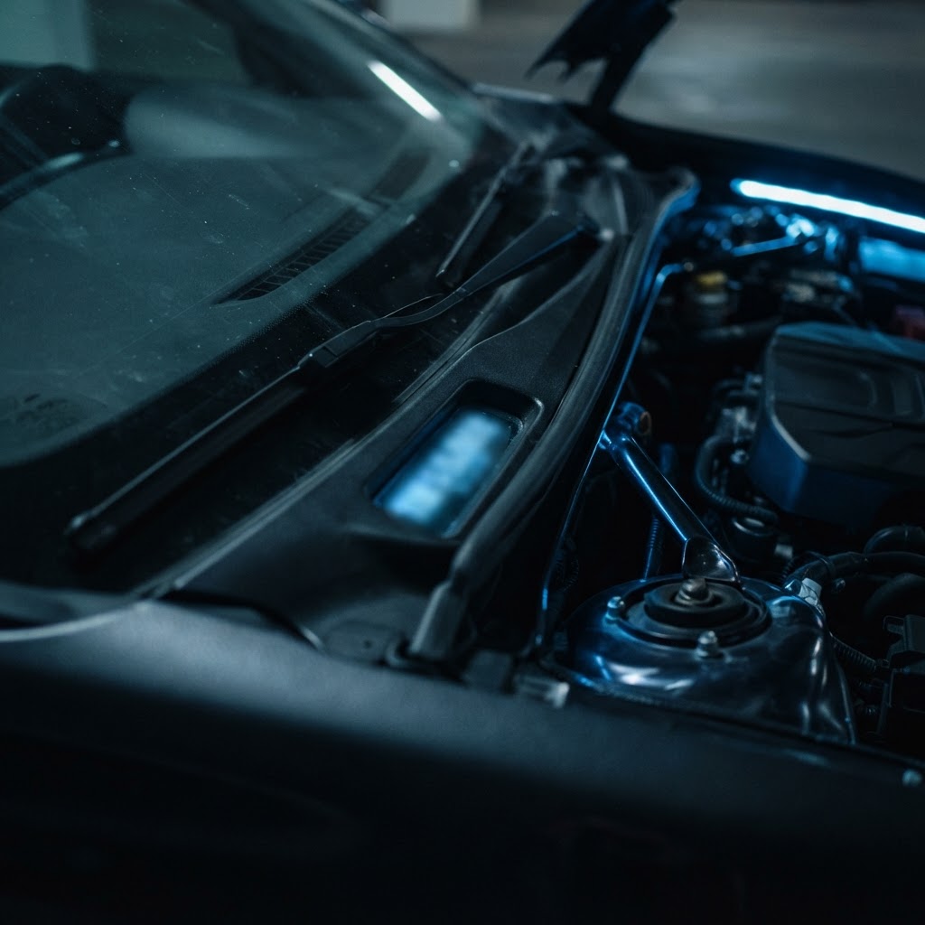 Abstract view through a car windscreen base showing a blurred glowing dashboard VIN plate area with no readable text
