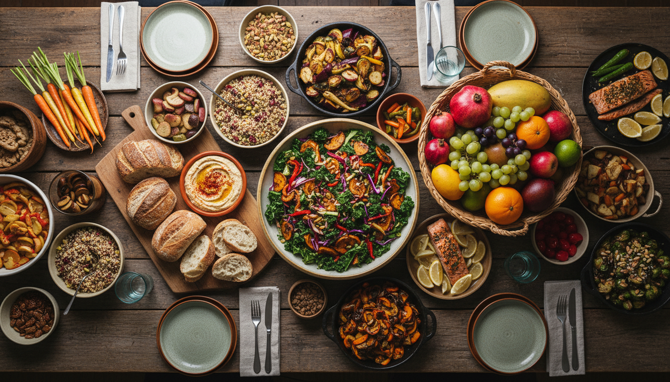 Healthy family meal spread