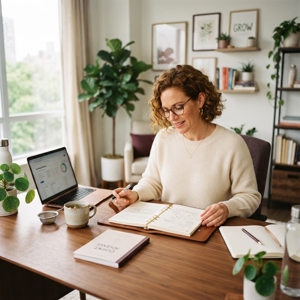 Wellness coach reviewing client notes