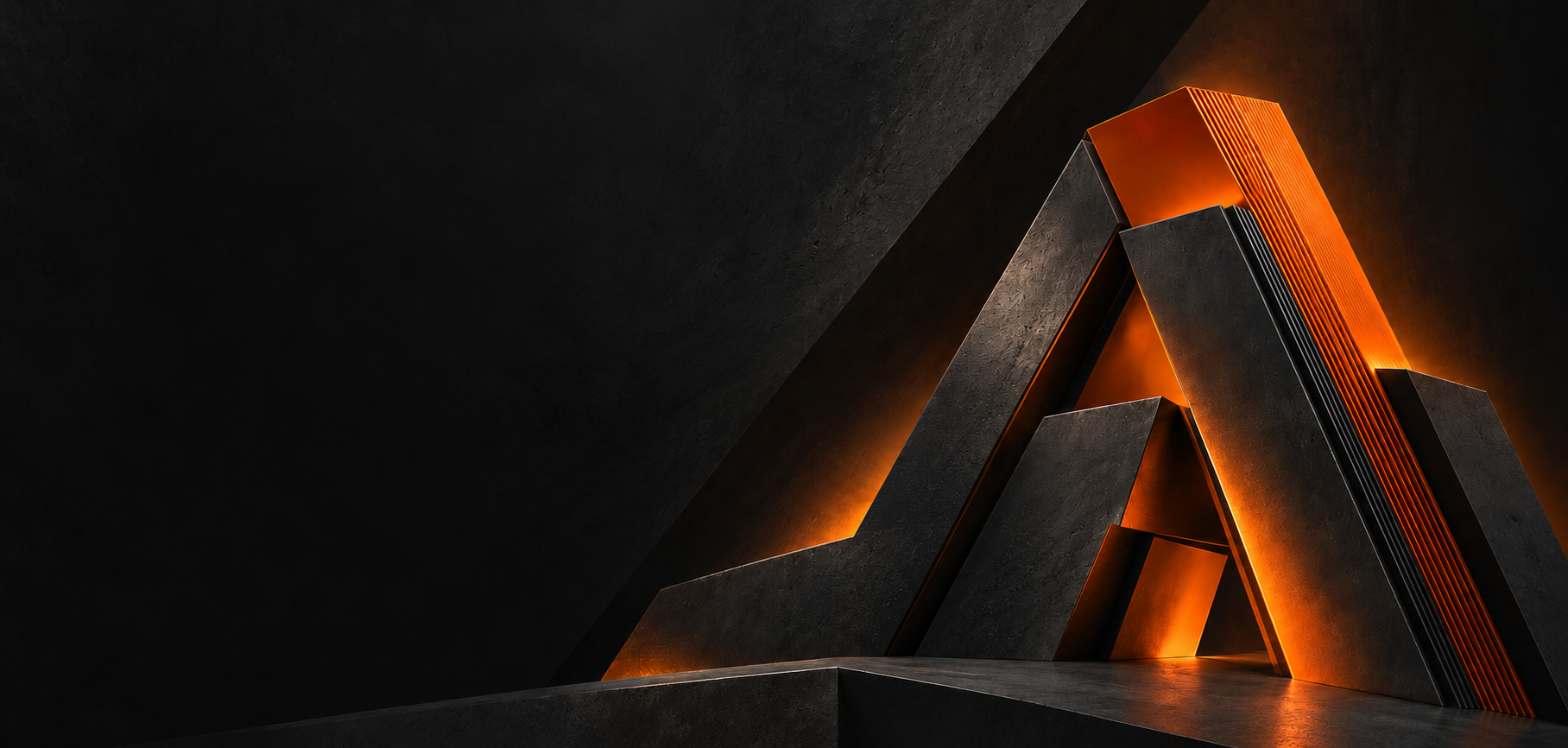 Estructura arquitectónica en forma de A, en grafito y naranja: la pieza gráfica de ATEMVO