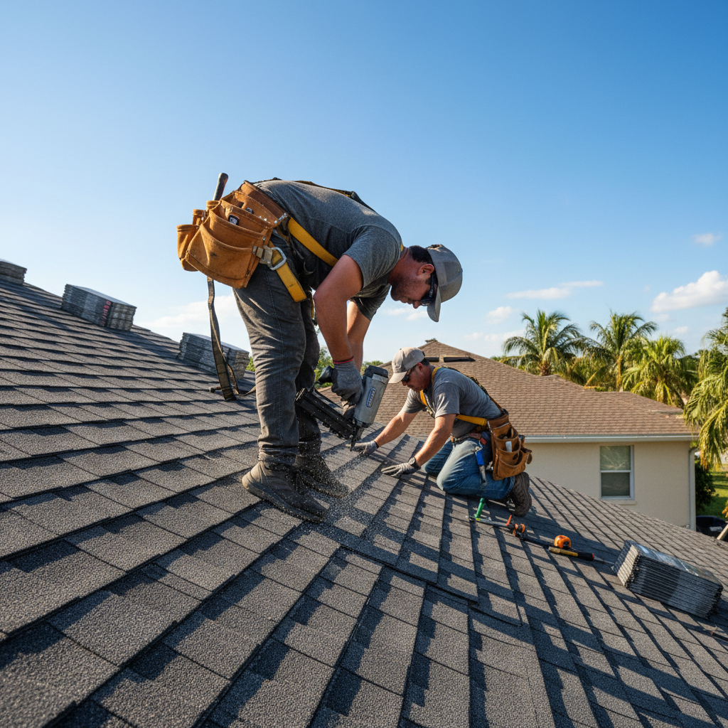 R.E.W. Contracting roofers installing shingles on a Florida home