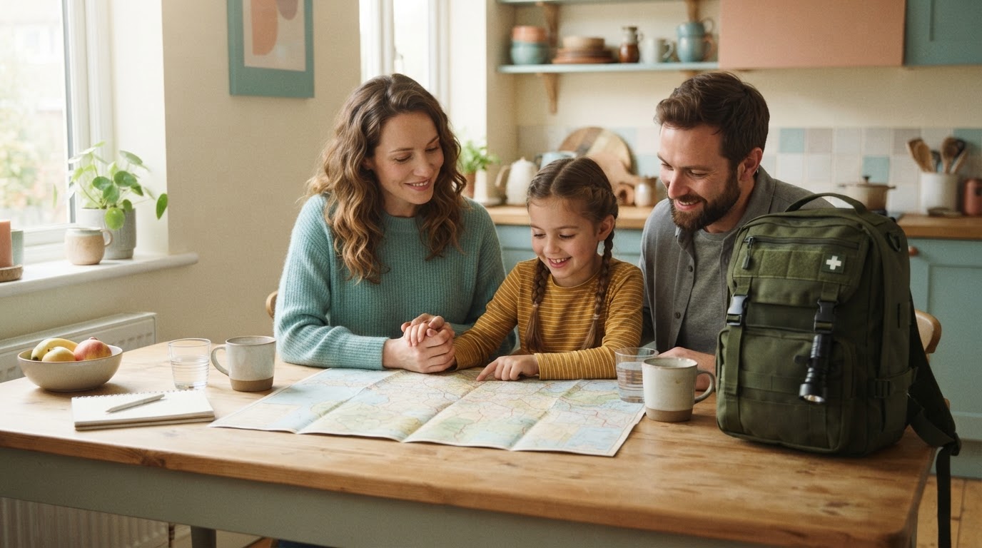 Family preparing a go-bag and reviewing an emergency map