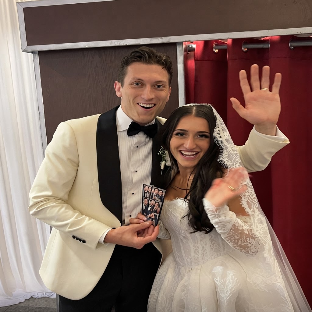 A bride and groom waving and holding their printed photo strip in front of The Retro Booth at their Vancouver wedding reception