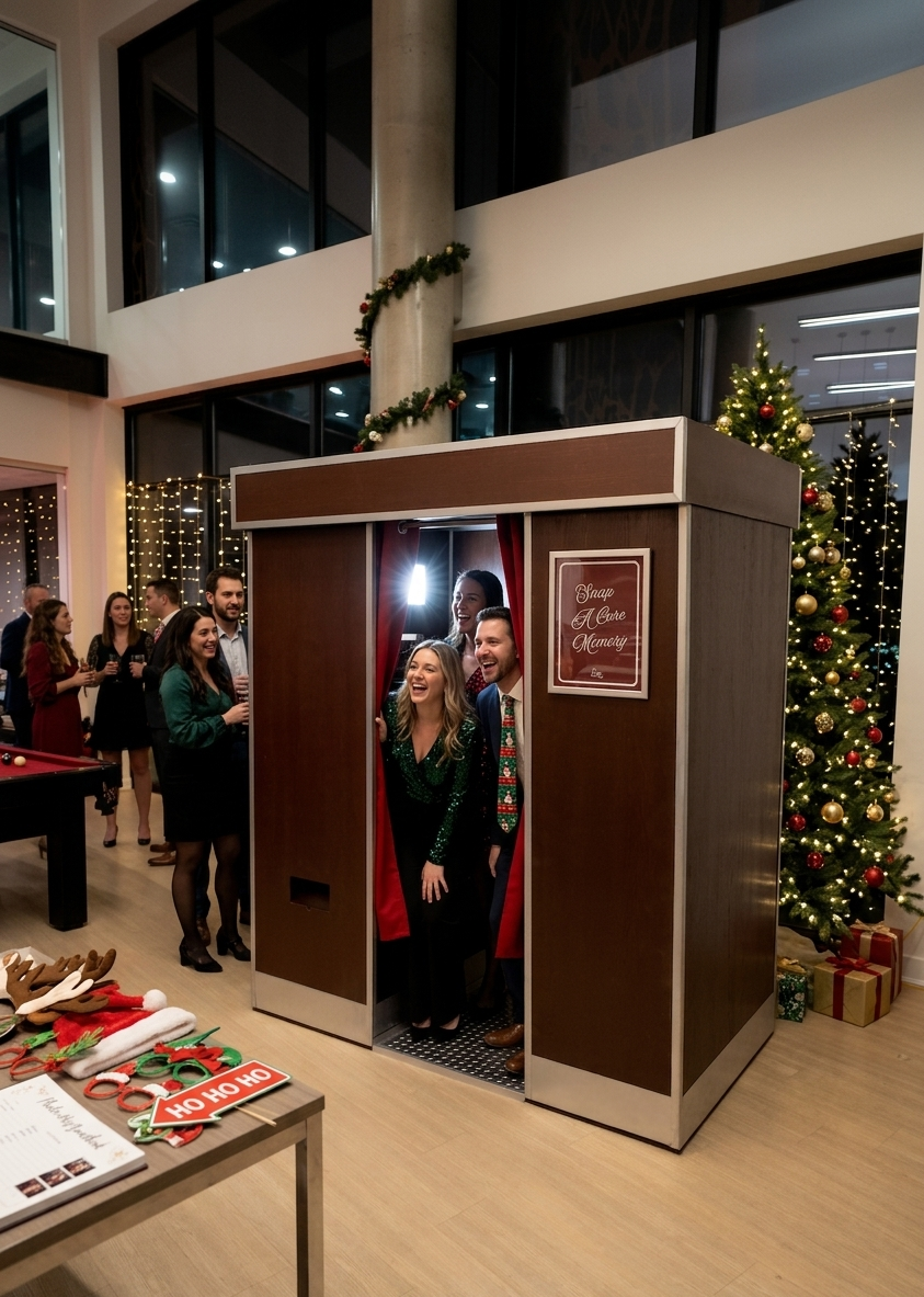 Guests laughing as they step out of The Retro Booth's enclosed vintage photo booth at a decorated office holiday party, with a Christmas tree, string lights, and reindeer antler props nearby