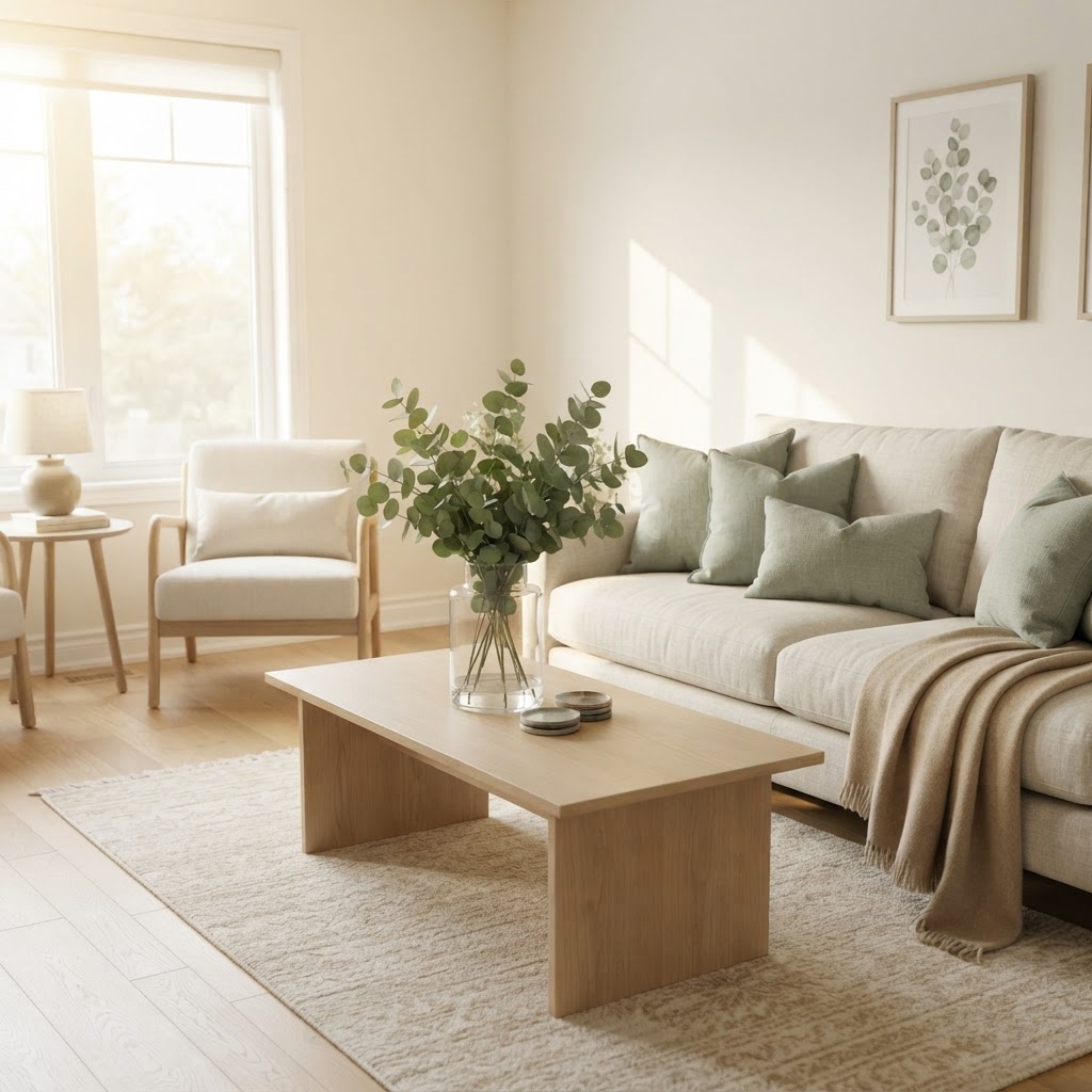 Bright, serene living room with eucalyptus and sage green accents
